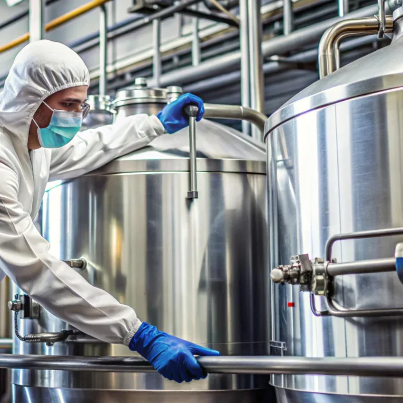 Technician working beside stainless steel process tanks